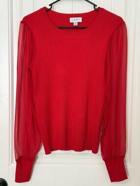 Carmen Marc Valvo Scarlet Ribbed Knit Top with Sheer Balloon Sleeves